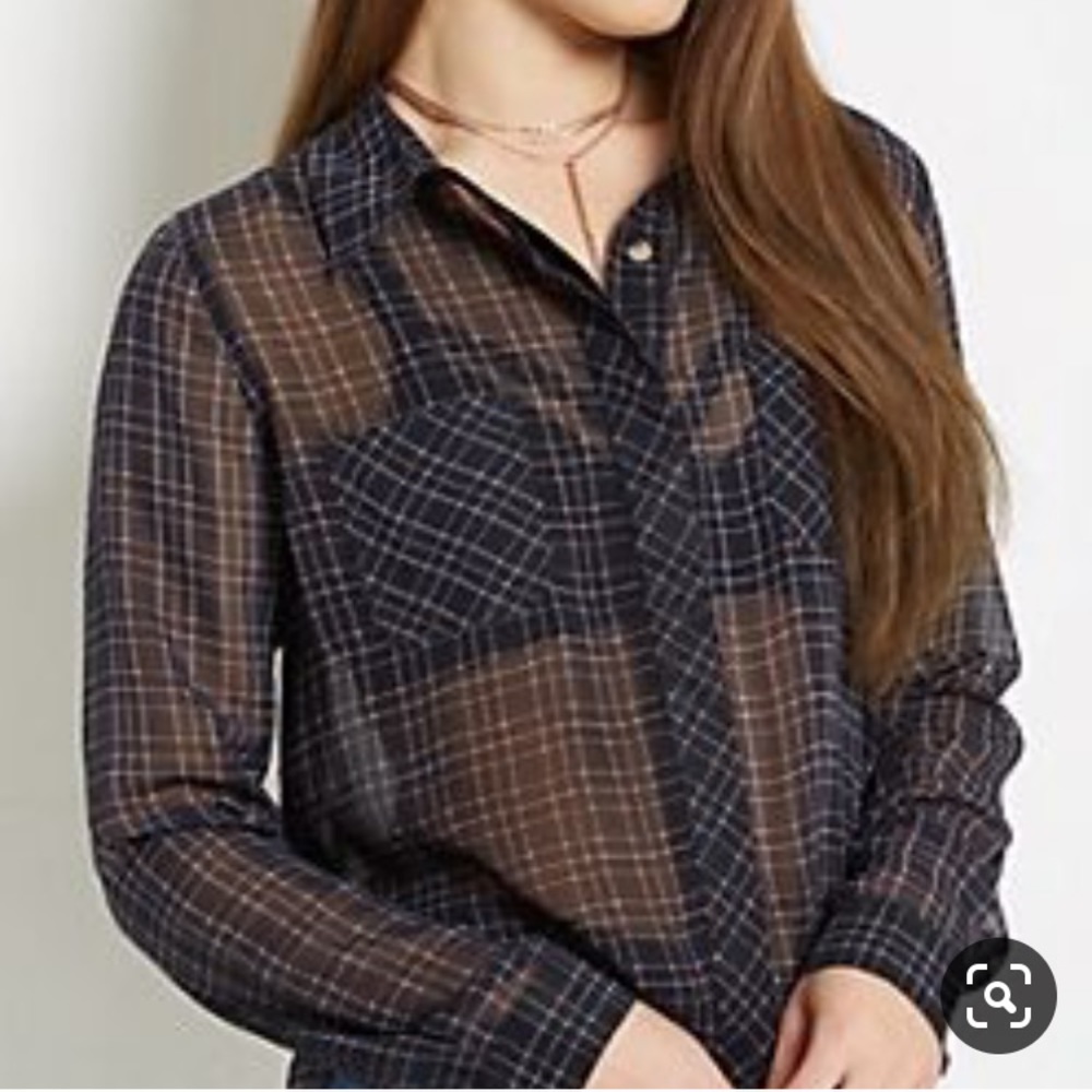 Womens Navy and Brown Plaid Button-Down Shirt